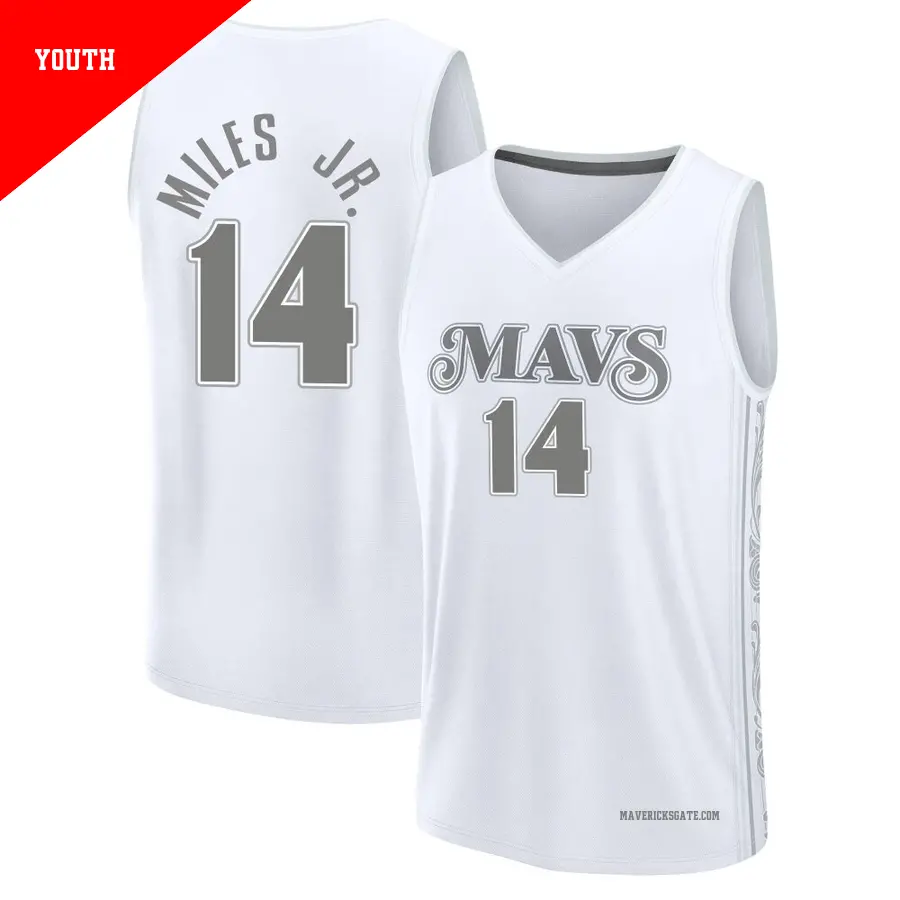 ＃14 Youth Mike Miles Jr. Dallas Mavericks 2024/25 Fast Break White City Edition Jersey